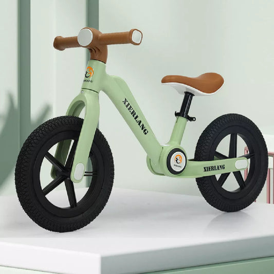 Foldable kids balance bike in grass green, light brown, or pink purple, sizes 12inch and 14inch