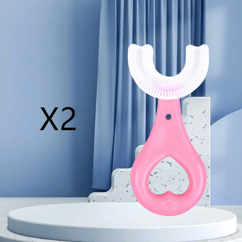 Children's U-shaped soft rubber toothbrush in pink and blue colours.