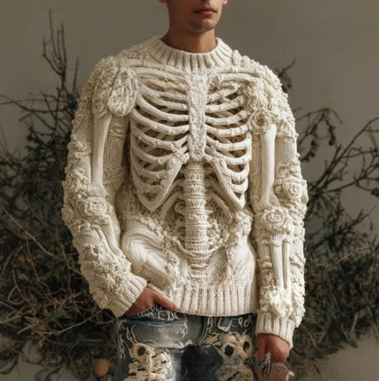 Beige 3D digital printing sweater with stereo pattern, round neck, and conventional sleeves