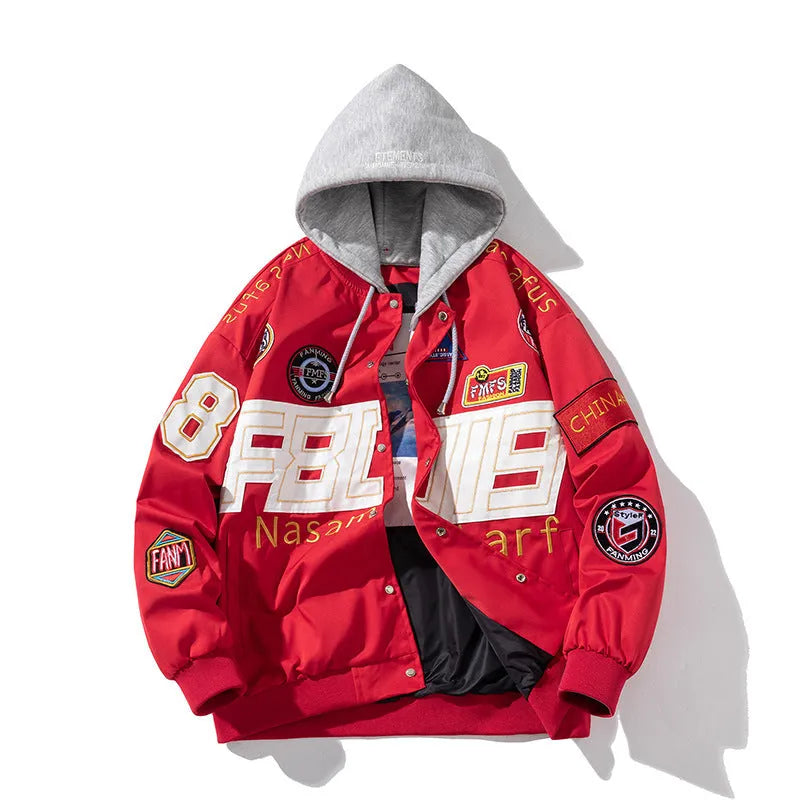 American motorcycle baseball uniform jacket with removable hood and side seam pockets in black colour