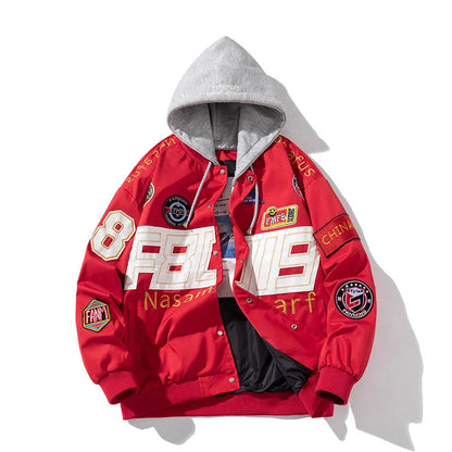 American motorcycle baseball uniform jacket with removable hood and side seam pockets in black colour