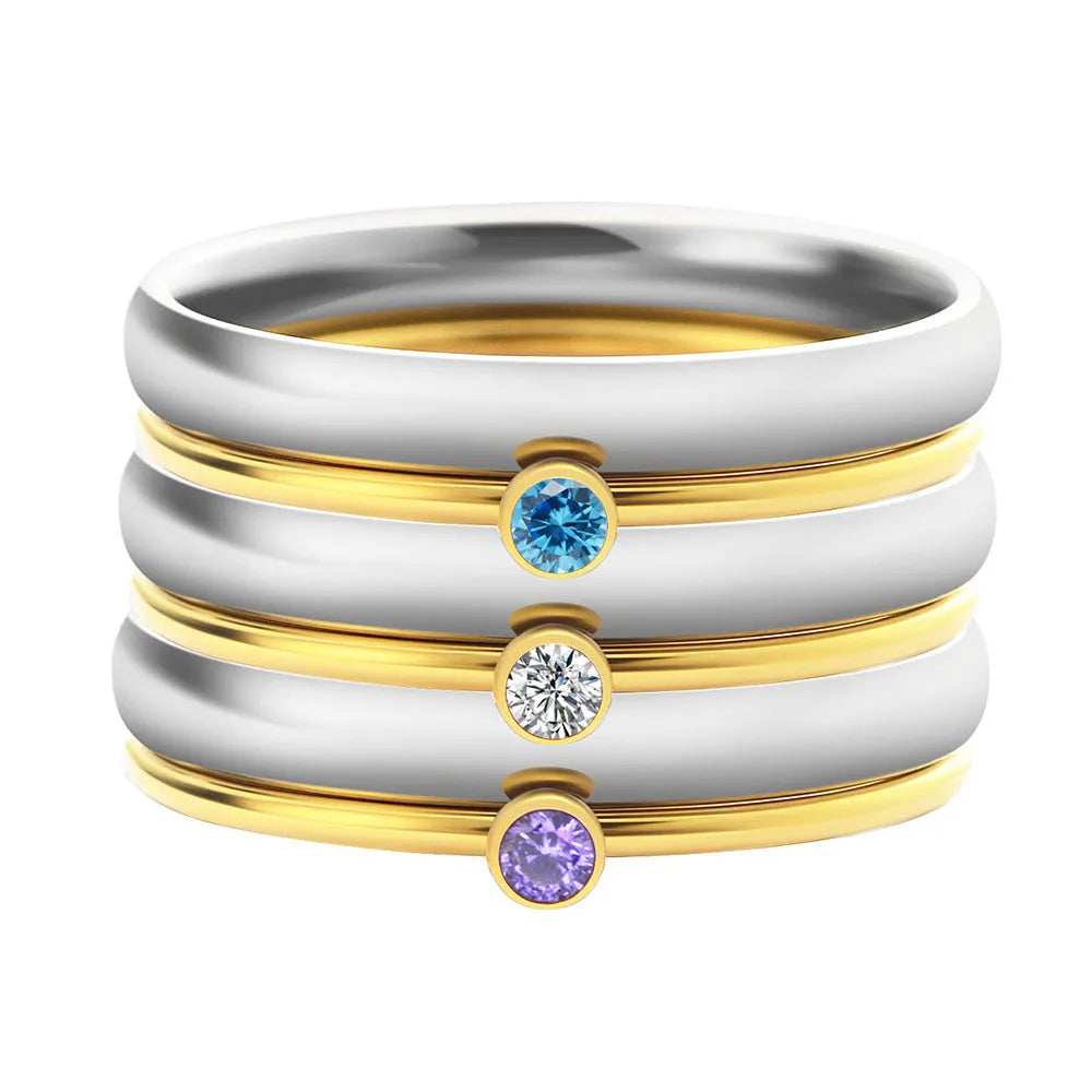 December colour birthstone engraved ring with titanium steel band and geometric shape, showing superimposed three-name design
