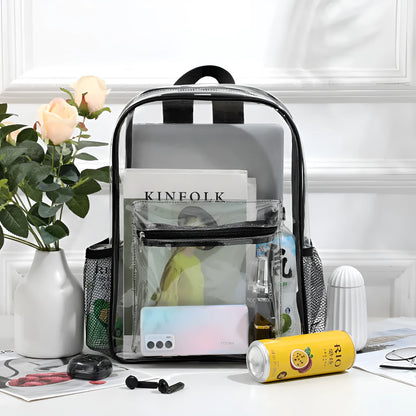 Transparent PVC travel backpack showing contents through clear material with 50 litre capacity