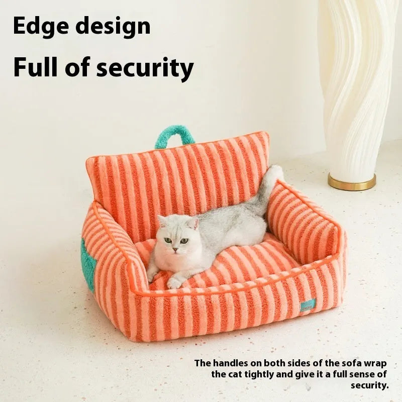 Striped soft velvet pet bed with removable cover in orange, purple, or yellow for dogs
