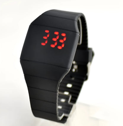 Square digital electronic watch with touch screen on a PU strap, shown in multiple colour options.