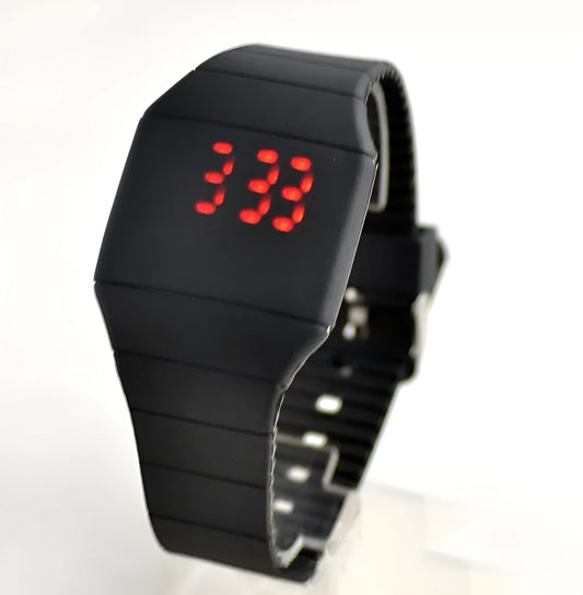 Square digital electronic watch with touch screen on a PU strap, shown in multiple colour options.