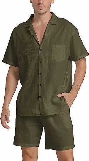 Men's light grey flax linen short-sleeved top and shorts summer sports suit