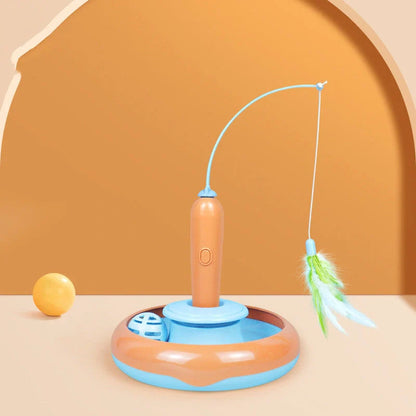 Interactive cat toy with feather and turntable for self-play, safe and durable design