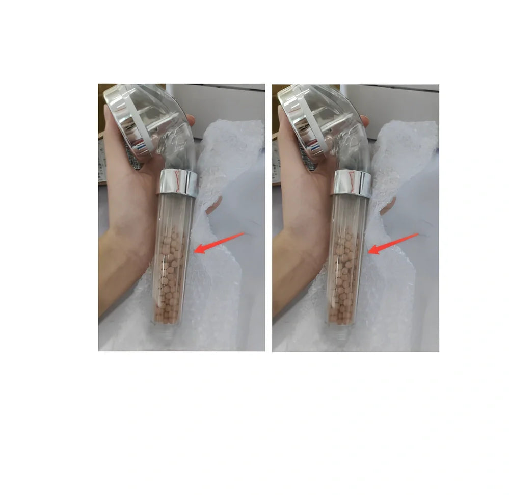 Pressurised shower head with stainless steel panel showing three water mode settings and removable nozzles