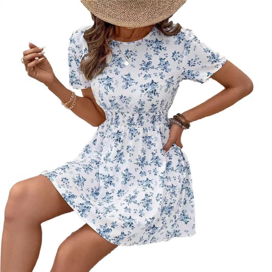 Light blue A-line midi dress with high waist and regular sleeves on hanger