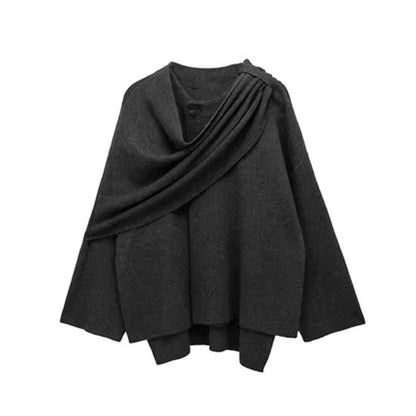 Women's knitted cardigan with asymmetrical scarf design in black and coffee colors