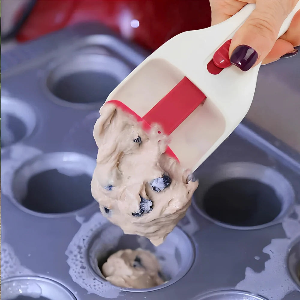 19.5cm long cake batter scoop with push-button mechanism and non-stick surface for consistent cupcake portioning