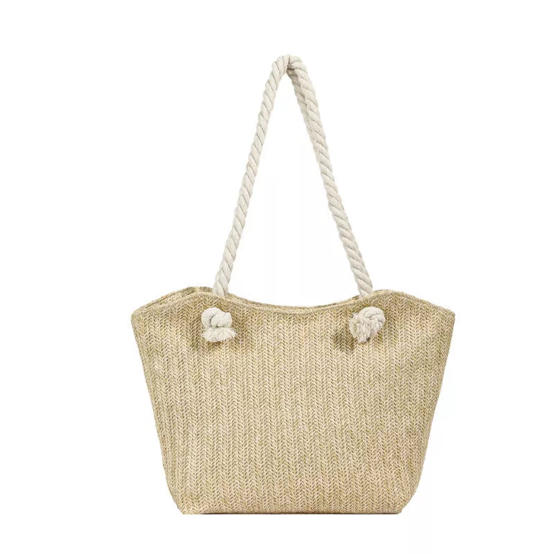 Women's fashion straw large capacity shoulder handbag in white and khaki