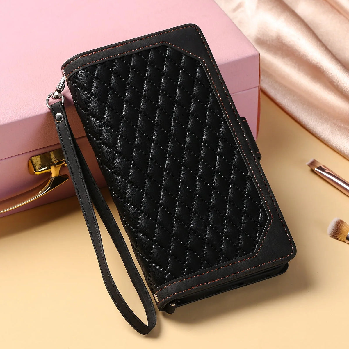 Crossbody plaid zipper phone case for Samsung in black, pink, white, or wine red, made from TPU and PU.