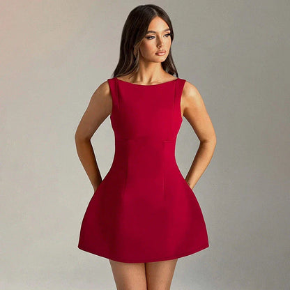 Fashionable backless summer dress in various colors, featuring a sleek silhouette, high-waist design, and chic style.