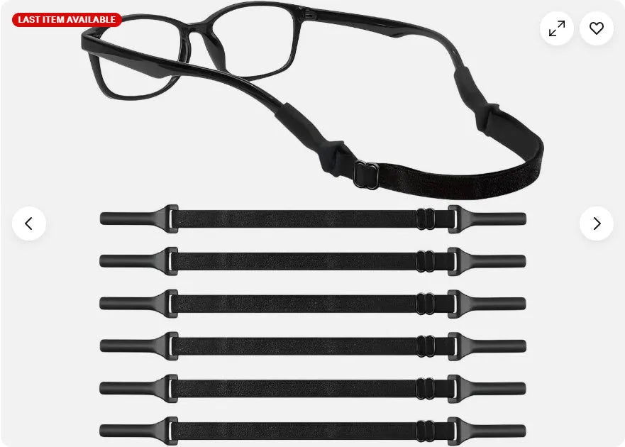 Black adjustable glasses cord strap with silicone earpiece tips shown in adult and children's styles