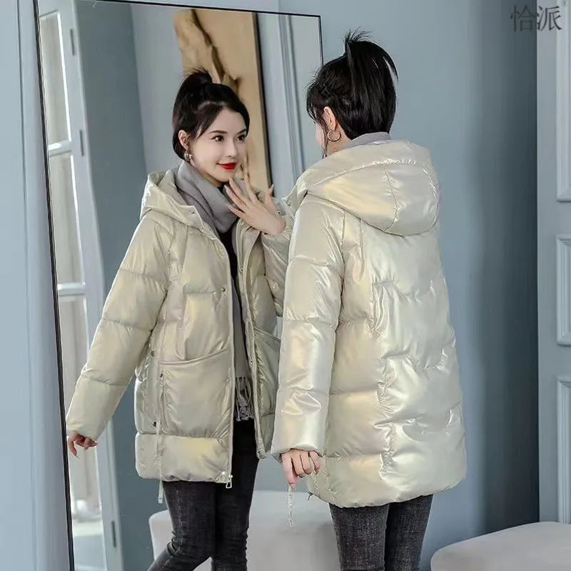 Women's winter hooded down jacket in ultra-thin acrylic fabric, available in four colours and sizes for 40-85kg weight range