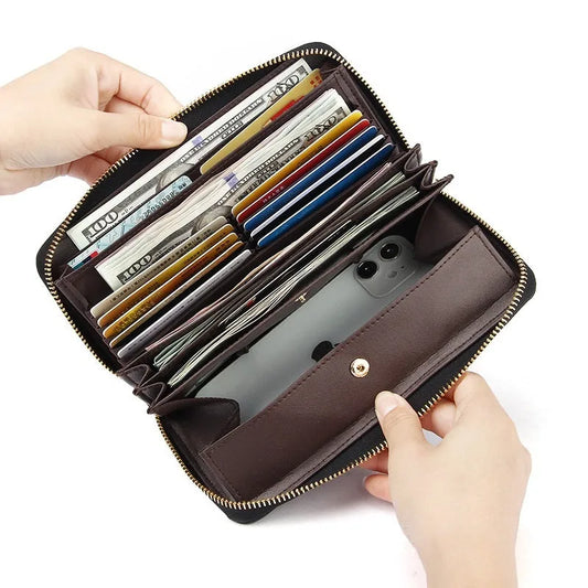 Long genuine leather women's wallet in solid colours with 12 card slots and anti-theft design