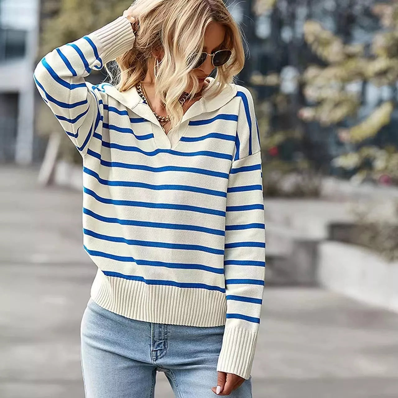 Women's V-neck lapel striped sweater in blue, red, green, and black