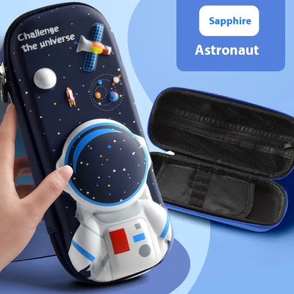 Leather 3D pencil case showing design themes: dinosaur, astronaut, mermaid, unicorn, and spaceship.