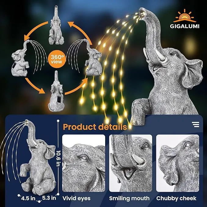 Resin elephant garden sculpture with LED lighting, 45cm tall with weatherproof IP65 rating