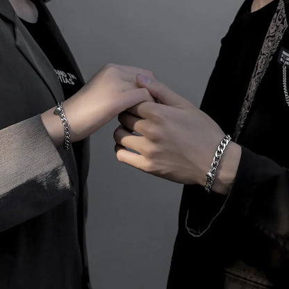 Silver magnetic couple bracelet with heart charm and NK chain, stainless steel and zinc alloy, 18cm or 20cm