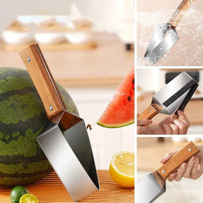 430 stainless steel watermelon slicer with triangle cutting blade and protective cover.