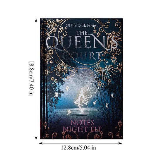 A5 hardcover notebook with luminous fluorescent cover, open to show full-colour illustrated pages, size 12.8 x 18 cm