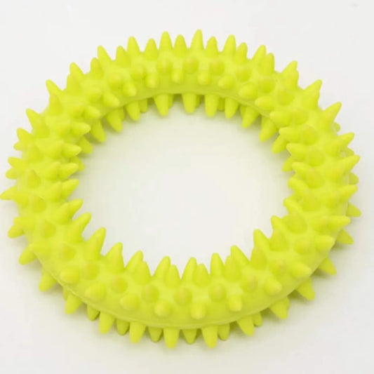 TPR spiky circle ring dog chew toy in assorted colours showing dental cleaning nubs