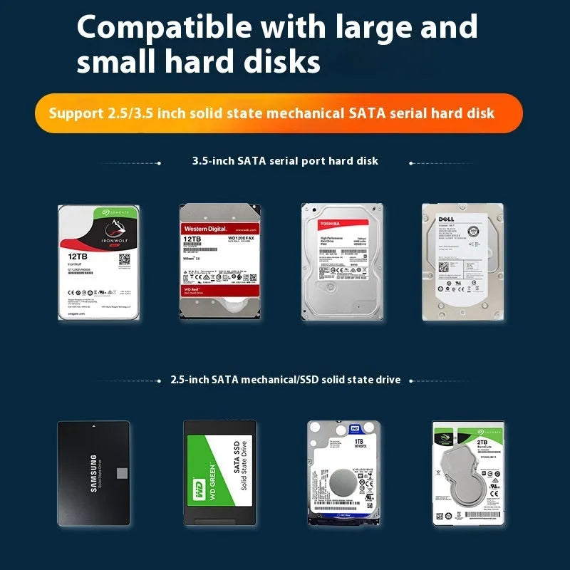 Black and silver 3.5-inch SATA hard disk enclosure with slide-open cover, USB 3.0 cable, and power adapter.