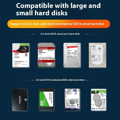 Black and silver 3.5-inch SATA hard disk enclosure with slide-open cover, USB 3.0 cable, and power adapter.