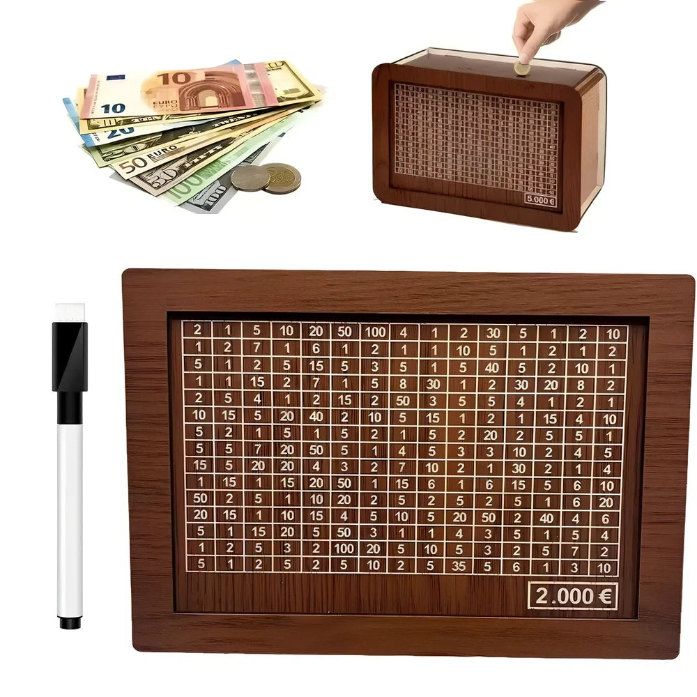 Wooden piggy bank with coin counter and side opening mechanism measuring 20cm