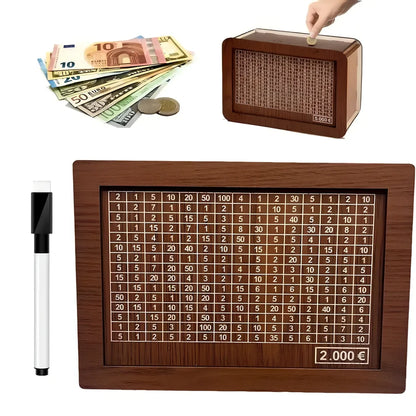 Wooden piggy bank with coin counter and side opening mechanism measuring 20cm