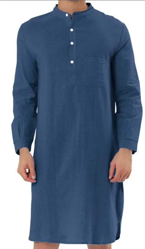 Men's cotton shirt robe in a light blue colour with a front chest pocket and button front.