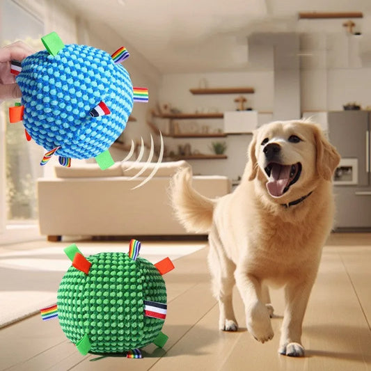 17cm diameter pineapple lattice dog toy in blue and yellow colour combination showing textured surface pattern