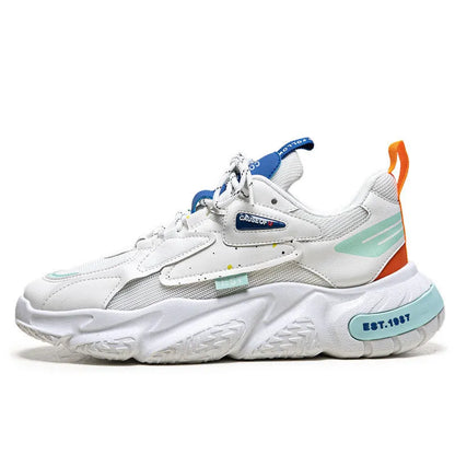 Men's low top casual pumps with 3-5cm mid heel, round toe, rubber sole, in white orange, white grey, or white blue.