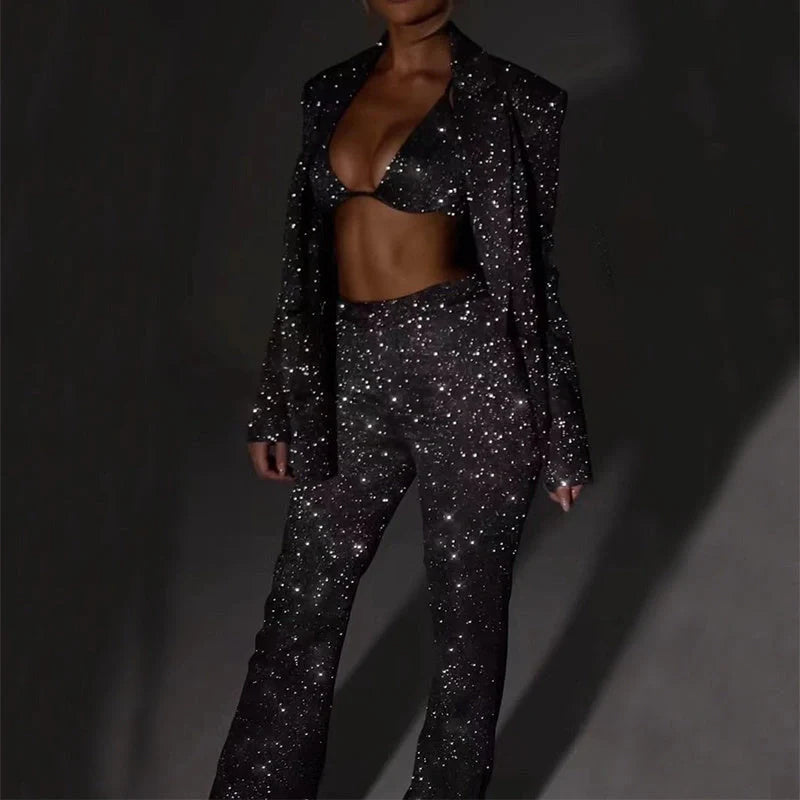 Women's 3-piece sequin-detailed party suit set in various colors and sizes