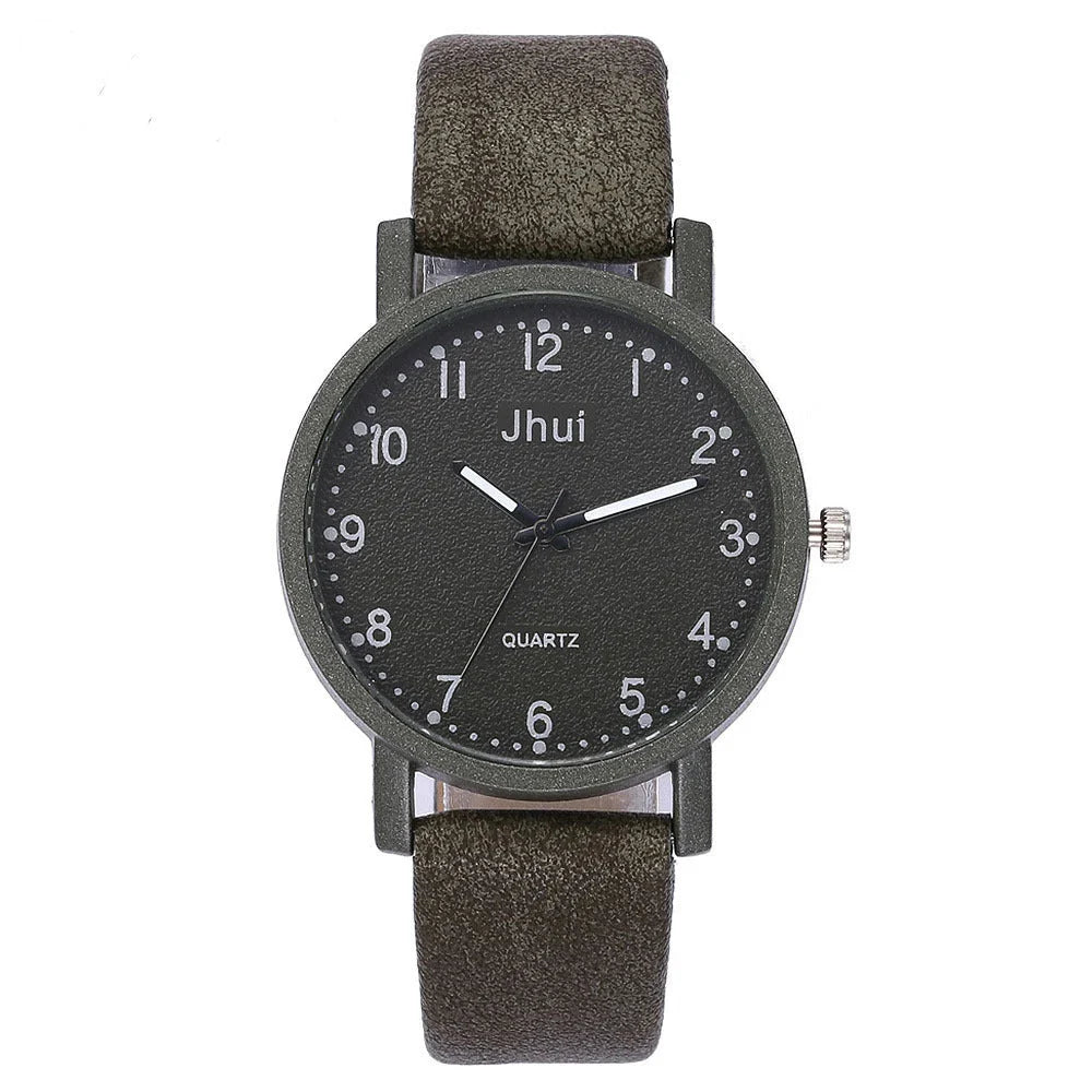 Stylish quartz watch with simple numeric dial, stainless steel clasp, and PU leather strap in various colors