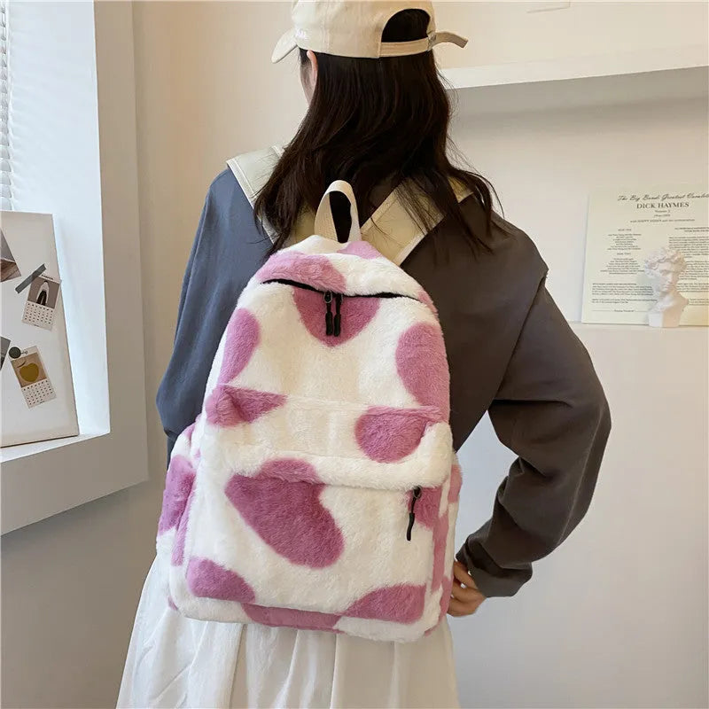 Furry plush backpack with heart pattern and three-dimensional outer pocket in khaki, green, black, pink or briquette