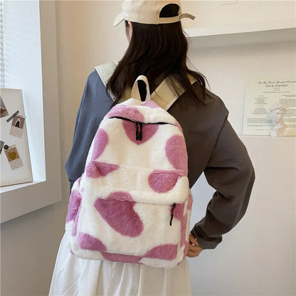 Furry plush backpack with heart pattern and three-dimensional outer pocket in khaki, green, black, pink or briquette