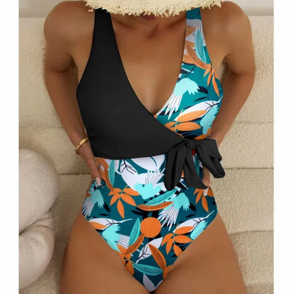 Women's high waist one-piece swimsuit in a printed pattern, showing front design.