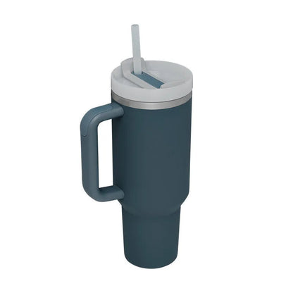 40 oz stainless steel insulated tumbler with handle and straw in tapered mug design