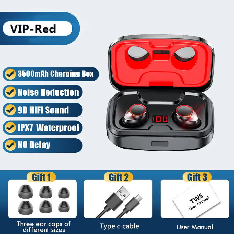 Black Bluetooth gaming headset with charging box and mobile phone charging functionality