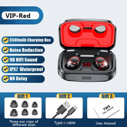 Black Bluetooth gaming headset with charging box and mobile phone charging functionality