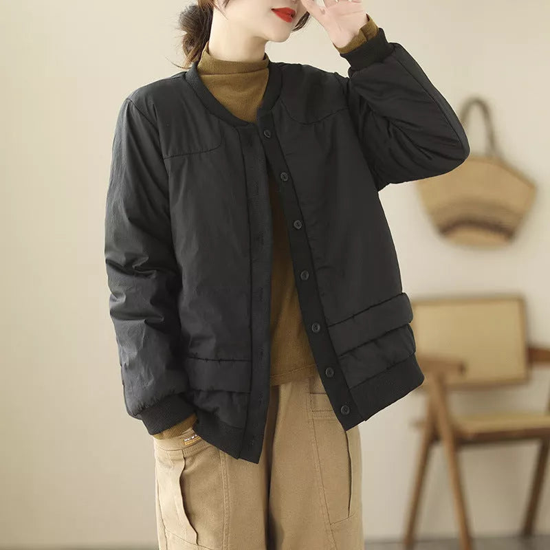 Retro cotton padded jacket in black, green, or khaki with practical pockets