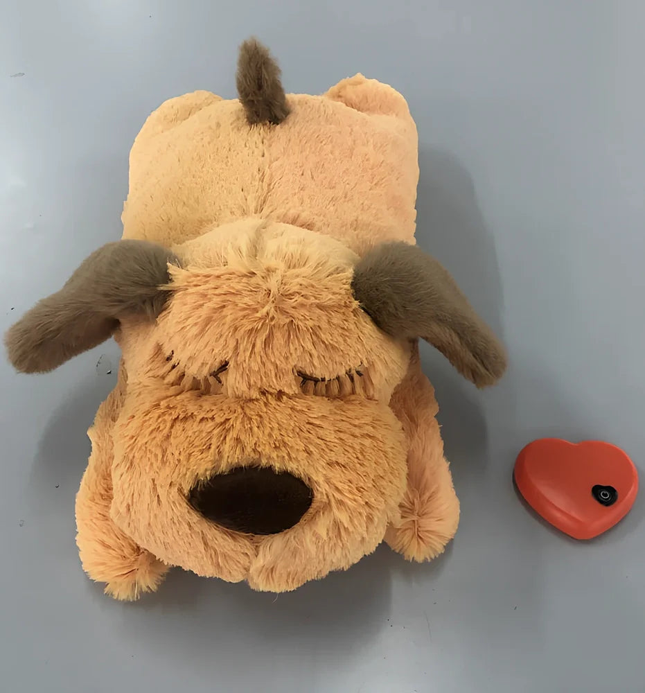 Light brown plush dog toy measuring 37cm long with heartbeat accessory for pet anxiety relief