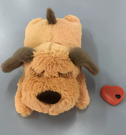 Light brown plush dog toy measuring 37cm long with heartbeat accessory for pet anxiety relief