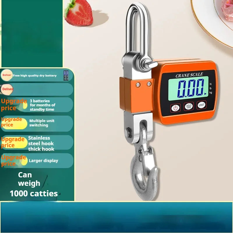 Blue electronic digital hook scale displaying weight, with hook for weighing items.