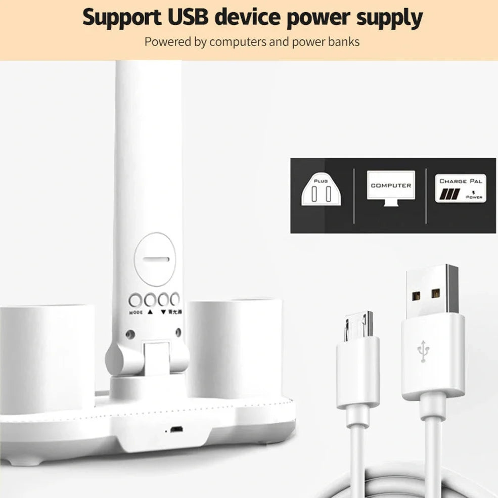 White LED desk lamp with calendar display, touch controls, and integrated pen holder on wooden desk
