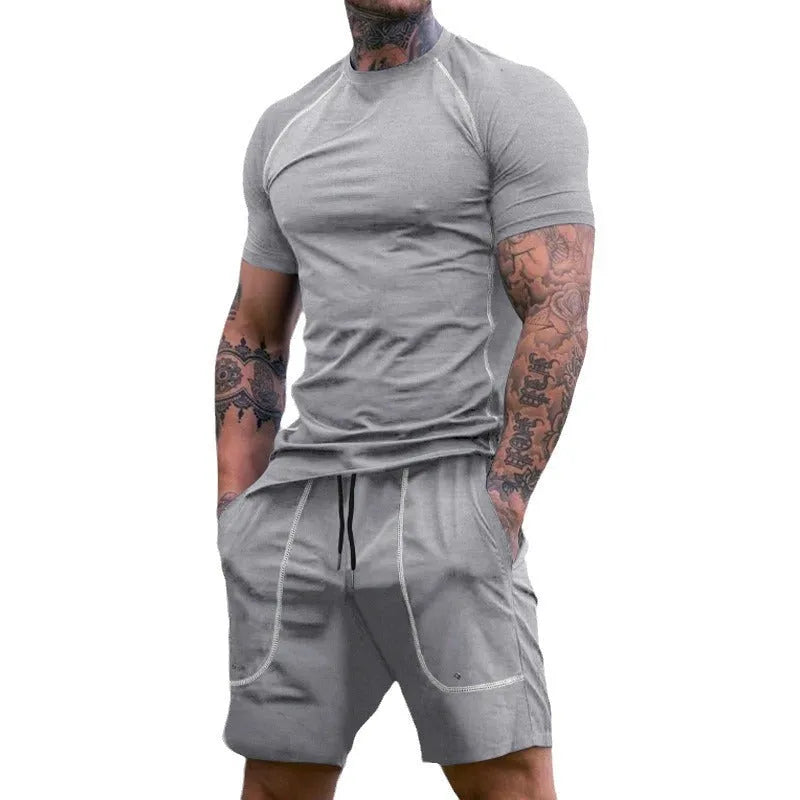 Men's running fitness suit with short sleeve T-shirt and shorts in black polyester, sizes S to XXXL